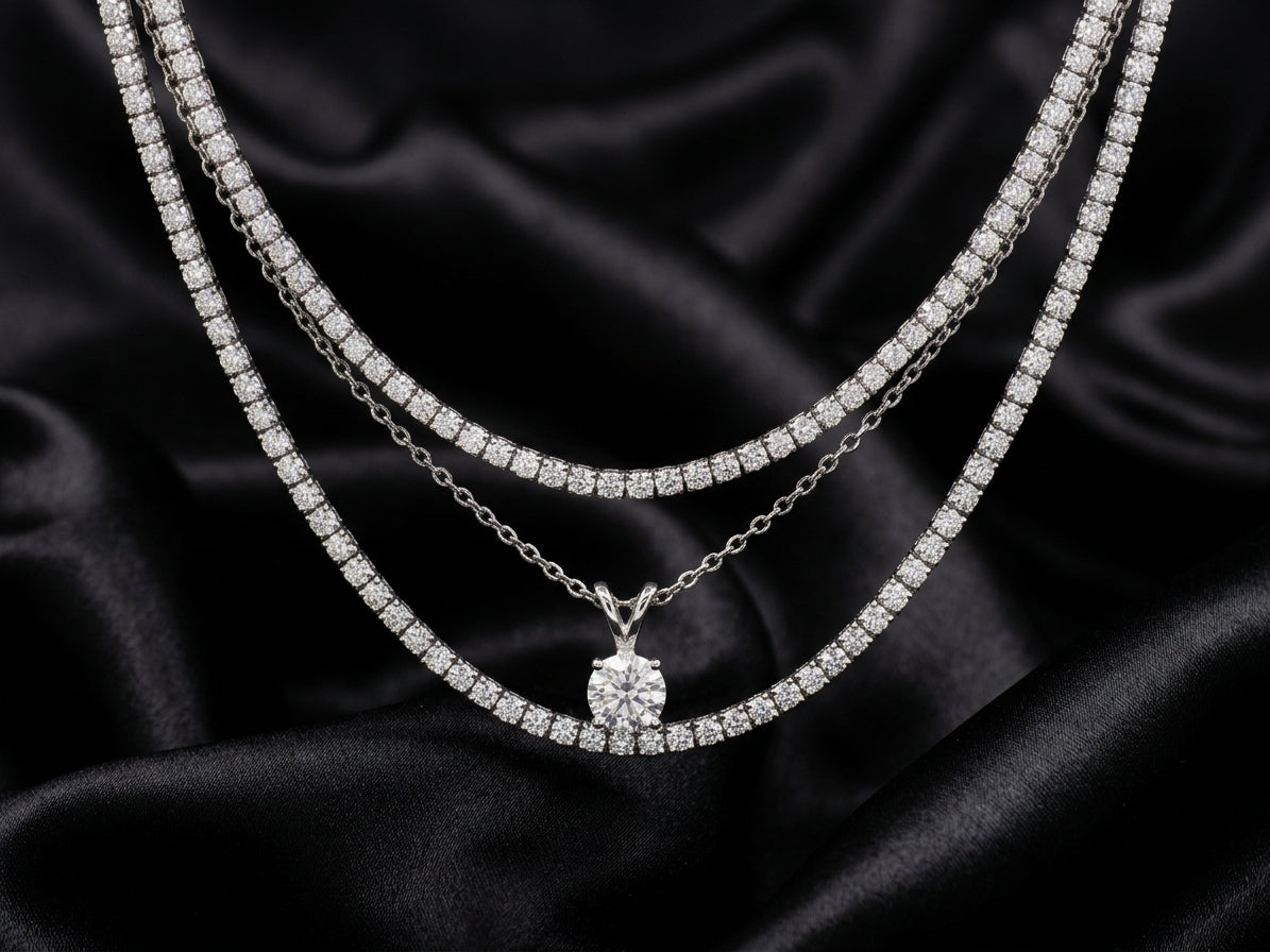 two diamond tennis necklaces and a diamond pendant with a black background