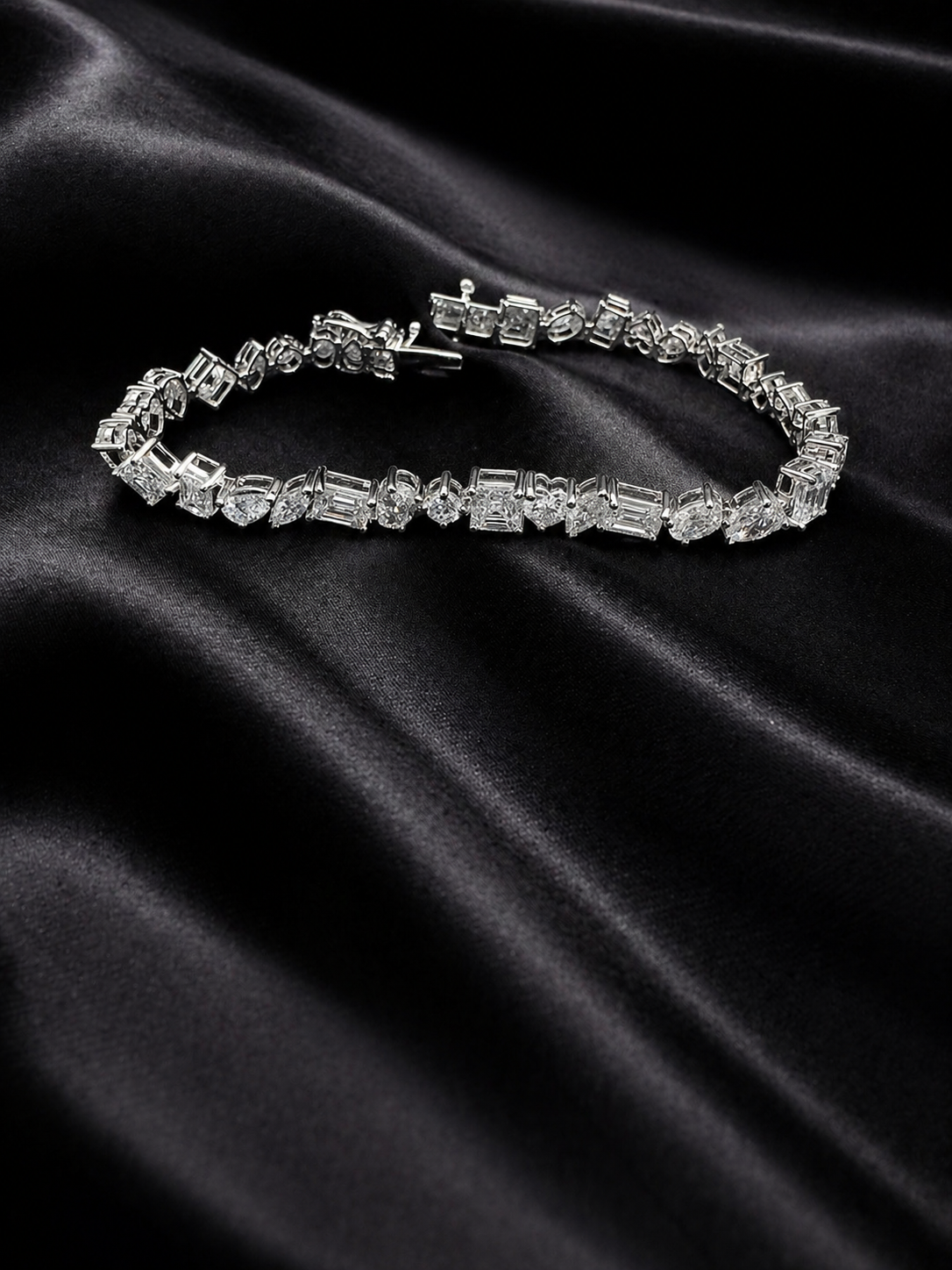 custom multi lab grown diamond shapes bracelet in 18k white gold